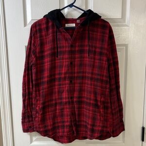 PacSun Medium Red and black Plaid Hooded Shirt with pockets